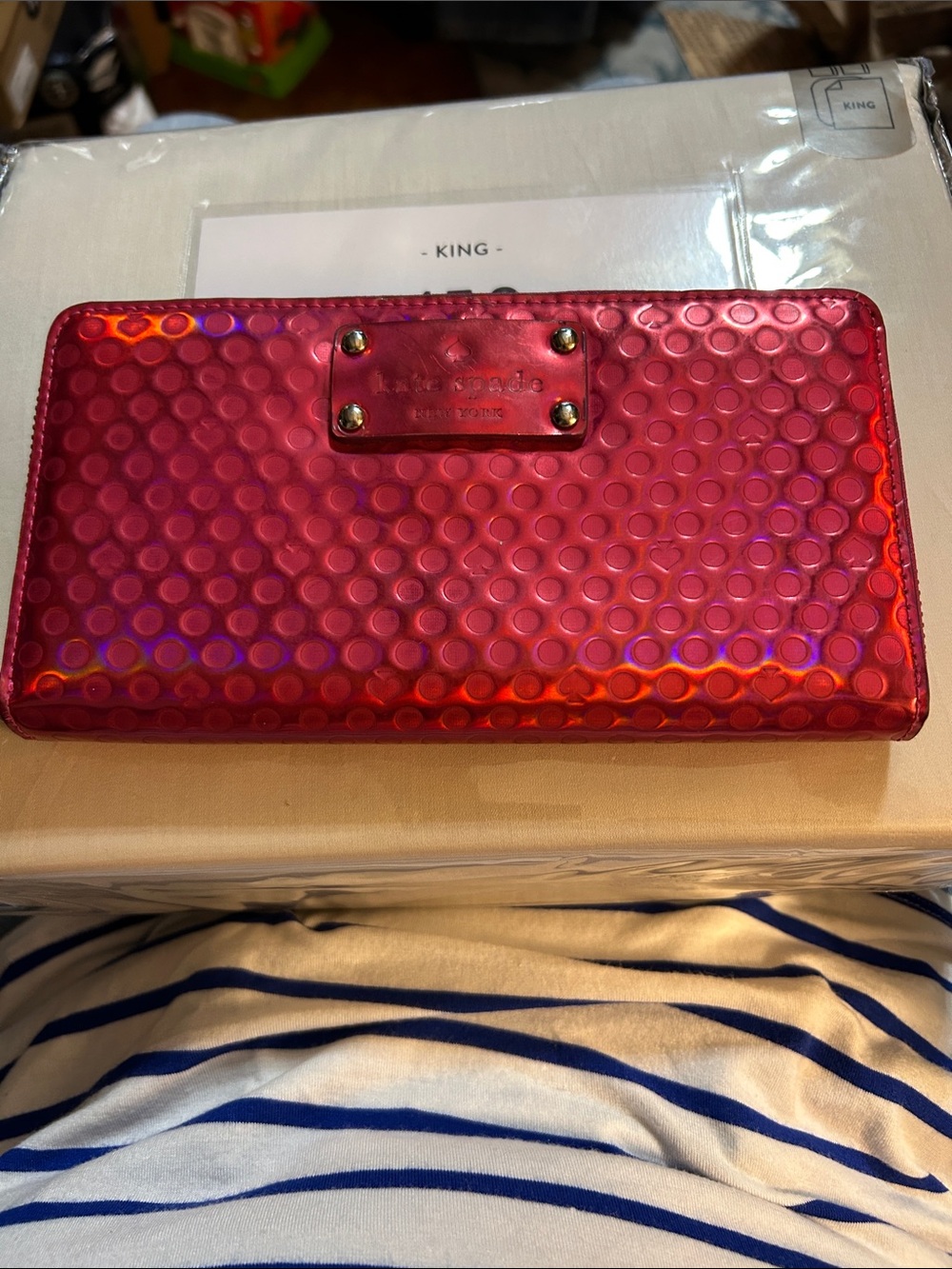 kate spade Hot Pink  Iridescent Dot-Embossed Zip Wallet Wallet Billfold  Purse